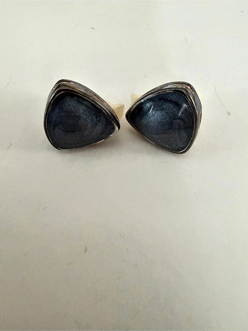 Vintage Navy Blue Triangle Clip On Earrings Gunmetal Tone Retro Statement